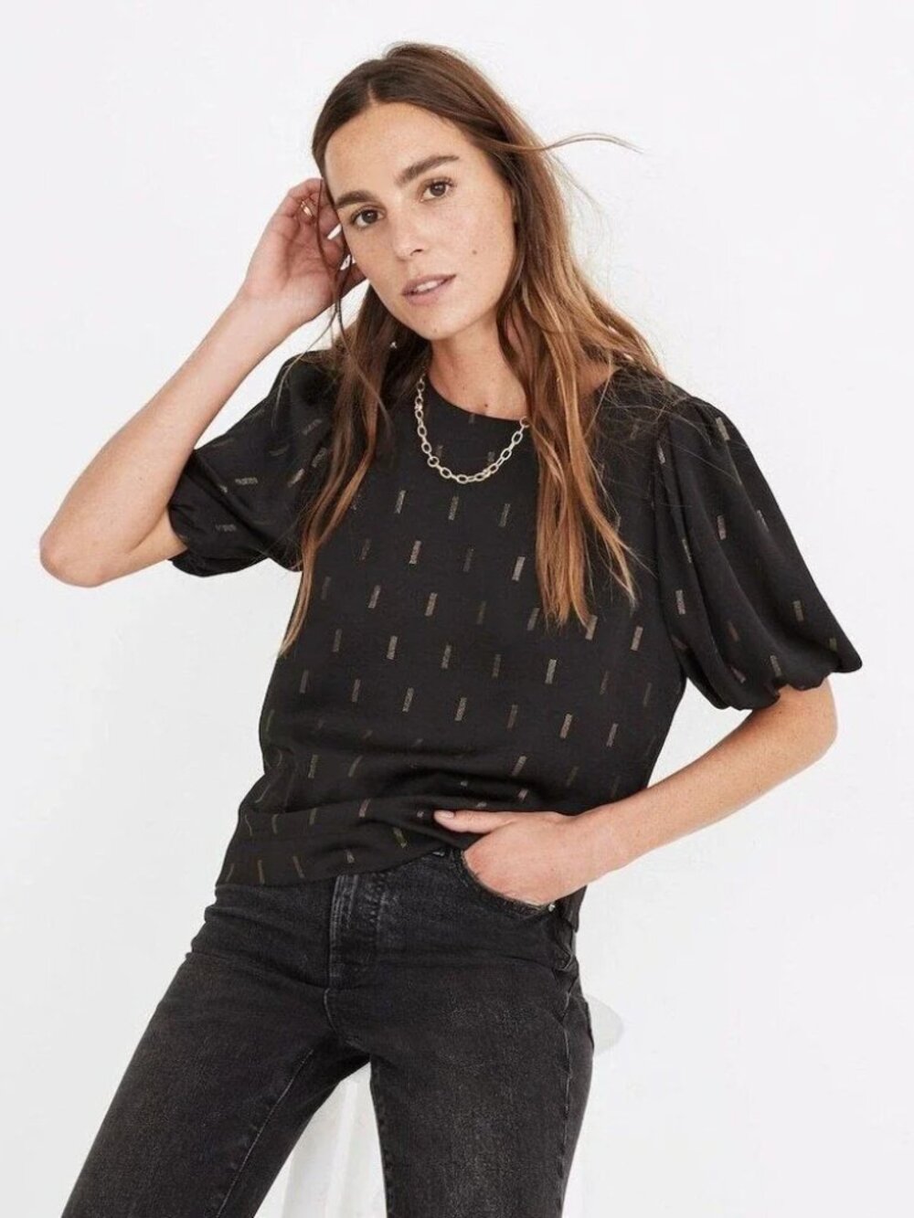 Madewell Metallic Jacquard Puff-Sleeve Top Black with Gold Button Neck Size XXS